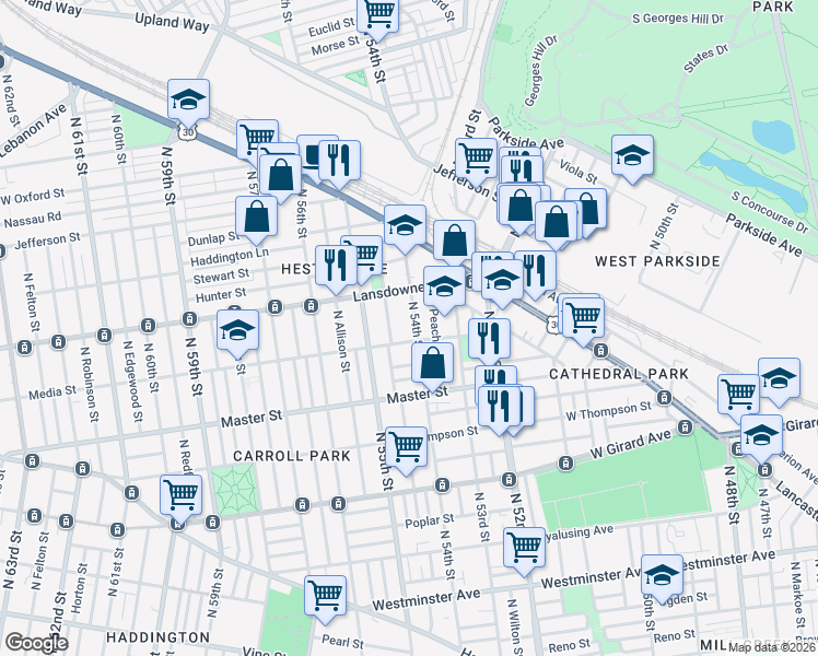 map of restaurants, bars, coffee shops, grocery stores, and more near 1529 North 54th Street in Philadelphia