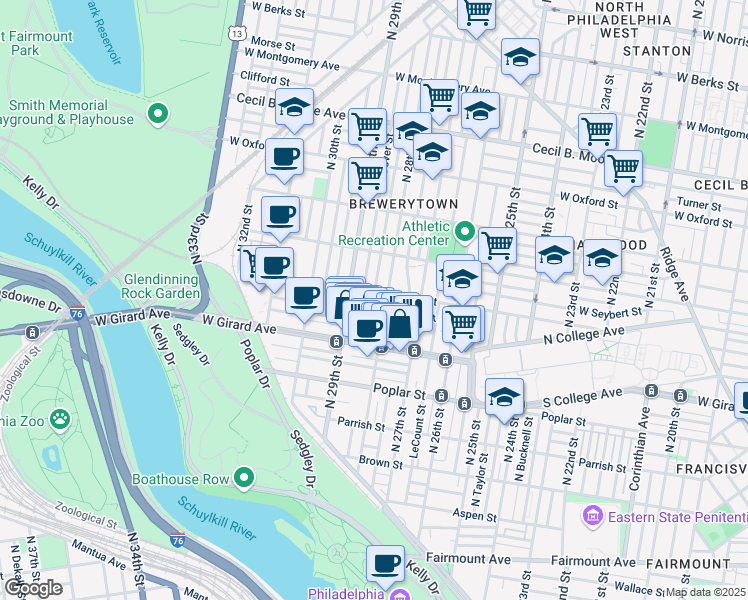 map of restaurants, bars, coffee shops, grocery stores, and more near 1261 North Newkirk Street in Philadelphia