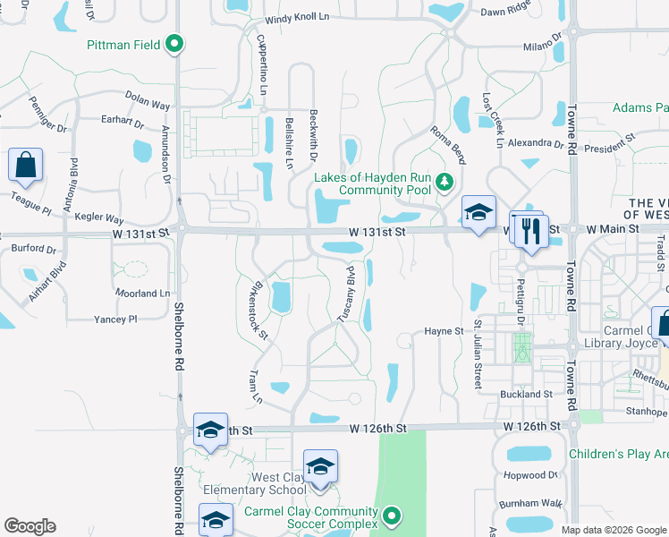 map of restaurants, bars, coffee shops, grocery stores, and more near 13016 Tuscany Boulevard in Carmel