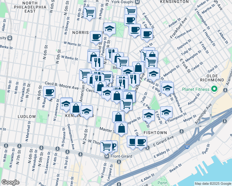 map of restaurants, bars, coffee shops, grocery stores, and more near 1719 North Howard Street in Philadelphia