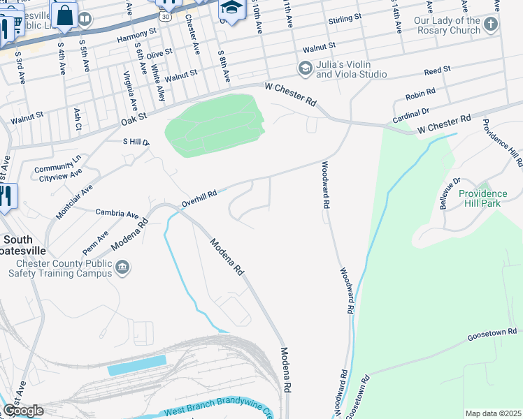 map of restaurants, bars, coffee shops, grocery stores, and more near 241 Kennedy Drive in Coatesville