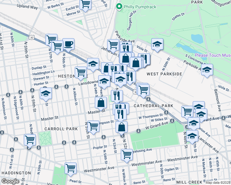 map of restaurants, bars, coffee shops, grocery stores, and more near 1464 North 52nd Street in Philadelphia