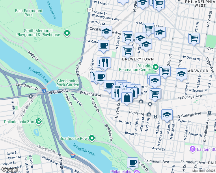 map of restaurants, bars, coffee shops, grocery stores, and more near 3011 Baltz Street in Philadelphia