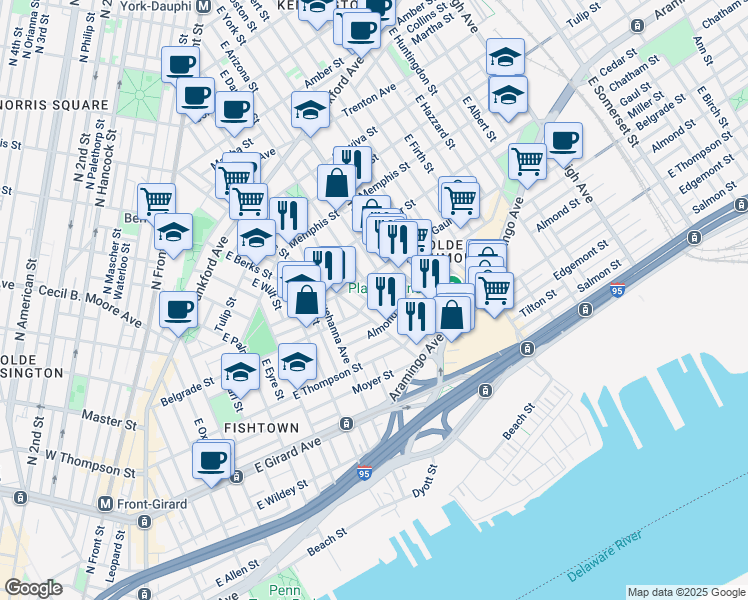 map of restaurants, bars, coffee shops, grocery stores, and more near 2522 East Dauphin Street in Philadelphia