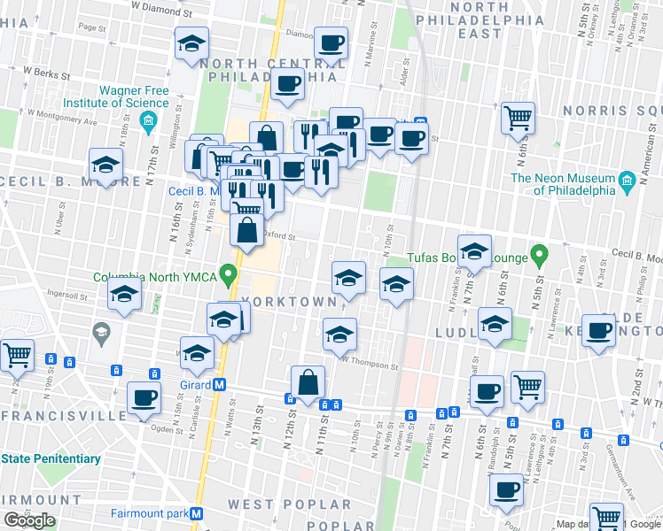map of restaurants, bars, coffee shops, grocery stores, and more near 1522 Guilford Place in Philadelphia