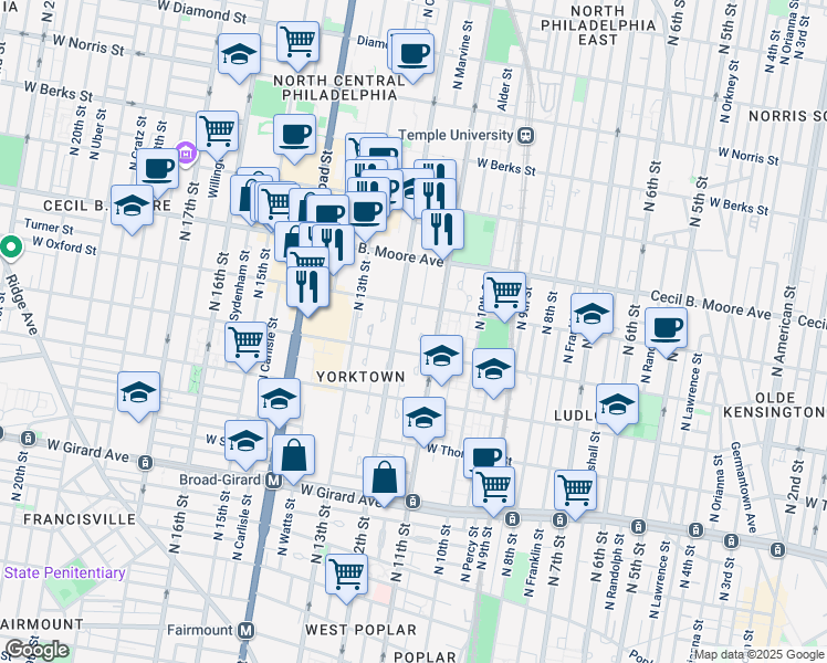 map of restaurants, bars, coffee shops, grocery stores, and more near 1522 Guilford Place in Philadelphia