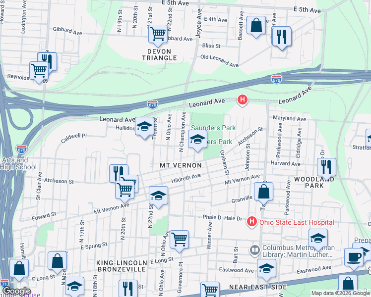 map of restaurants, bars, coffee shops, grocery stores, and more near 500 North Champion Avenue in Columbus