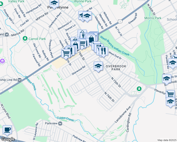 map of restaurants, bars, coffee shops, grocery stores, and more near 7606 Brentwood Road in Philadelphia