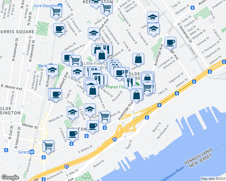 map of restaurants, bars, coffee shops, grocery stores, and more near 2522 East Dauphin Street in Philadelphia