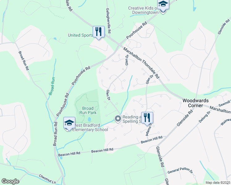 map of restaurants, bars, coffee shops, grocery stores, and more near 1612 Loretta Lane in Downingtown