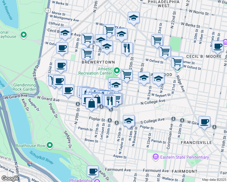 map of restaurants, bars, coffee shops, grocery stores, and more near 1306 North 26th Street in Philadelphia