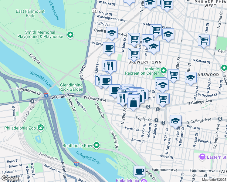 map of restaurants, bars, coffee shops, grocery stores, and more near 3011 Baltz Street in Philadelphia