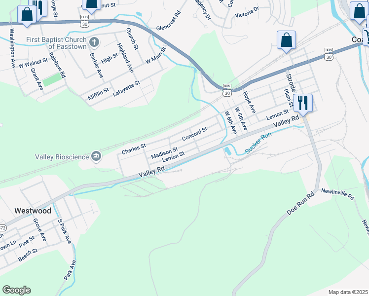 map of restaurants, bars, coffee shops, grocery stores, and more near 816 Madison Street in Coatesville