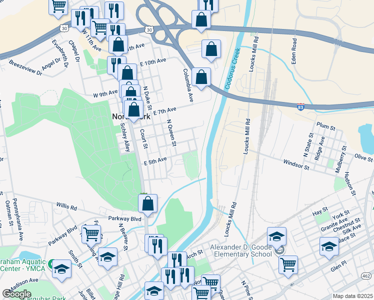 map of restaurants, bars, coffee shops, grocery stores, and more near 900 North Pine Street in York