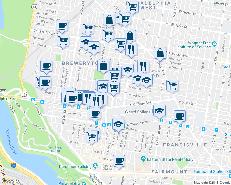 map of restaurants, bars, coffee shops, grocery stores, and more near 1319 North 25th Street in Philadelphia