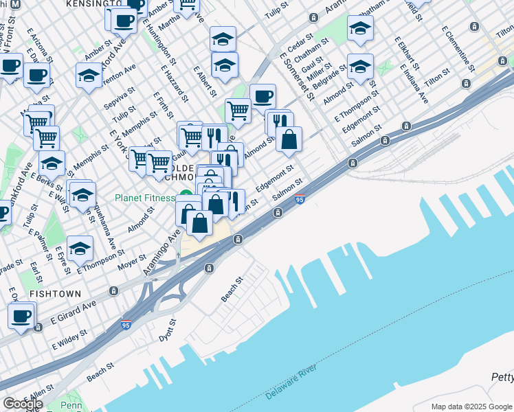 map of restaurants, bars, coffee shops, grocery stores, and more near 2558 1/2 Salmon Street in Philadelphia
