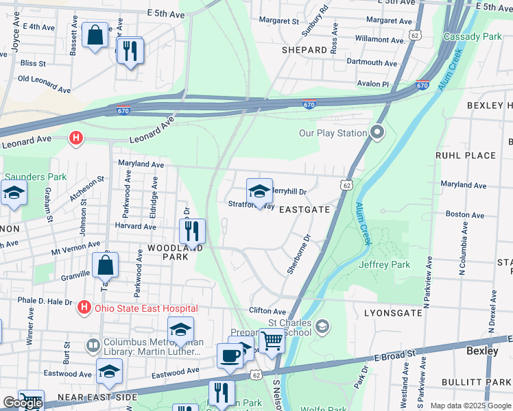 map of restaurants, bars, coffee shops, grocery stores, and more near 1925 Stratford Way in Columbus