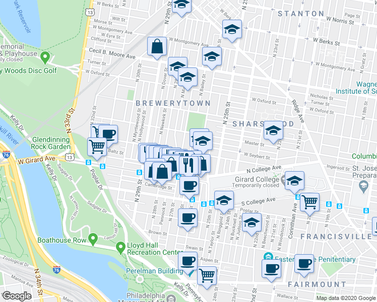 map of restaurants, bars, coffee shops, grocery stores, and more near 1300 North Taney Street in Philadelphia
