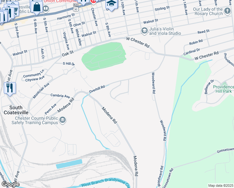 map of restaurants, bars, coffee shops, grocery stores, and more near 212 Kennedy Drive in Coatesville
