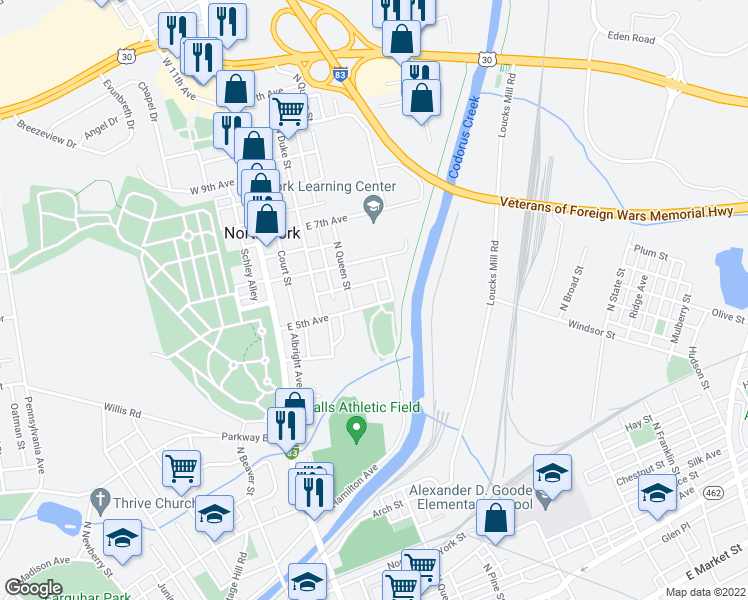 map of restaurants, bars, coffee shops, grocery stores, and more near 900 North Pine Street in York