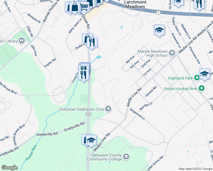 map of restaurants, bars, coffee shops, grocery stores, and more near 3584 Muirwood Drive in Newtown Square