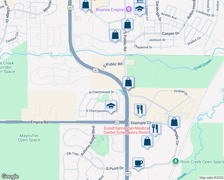 map of restaurants, bars, coffee shops, grocery stores, and more near 449 South 112th Street in Lafayette