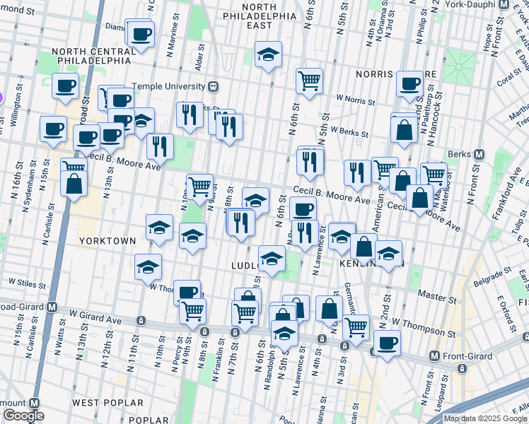 map of restaurants, bars, coffee shops, grocery stores, and more near 625 West Oxford Street in Philadelphia