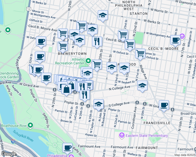 map of restaurants, bars, coffee shops, grocery stores, and more near 1319 North 25th Street in Philadelphia