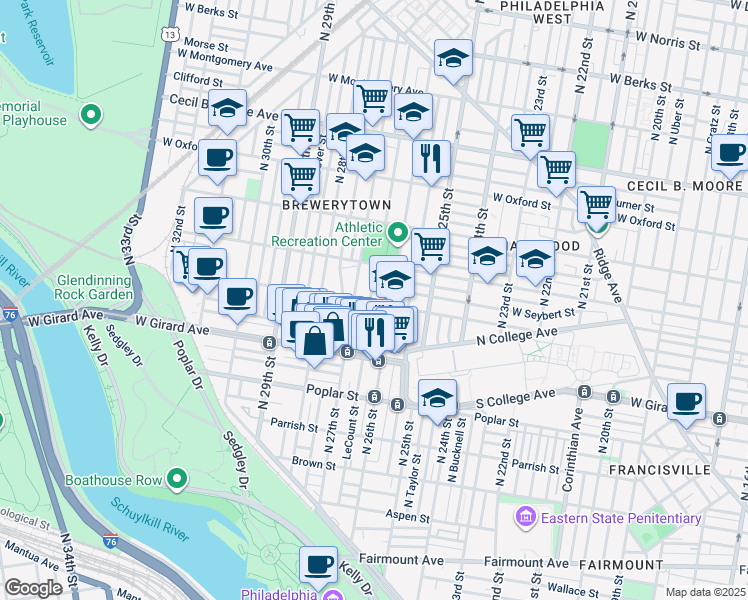 map of restaurants, bars, coffee shops, grocery stores, and more near 2625 West Thompson Street in Philadelphia