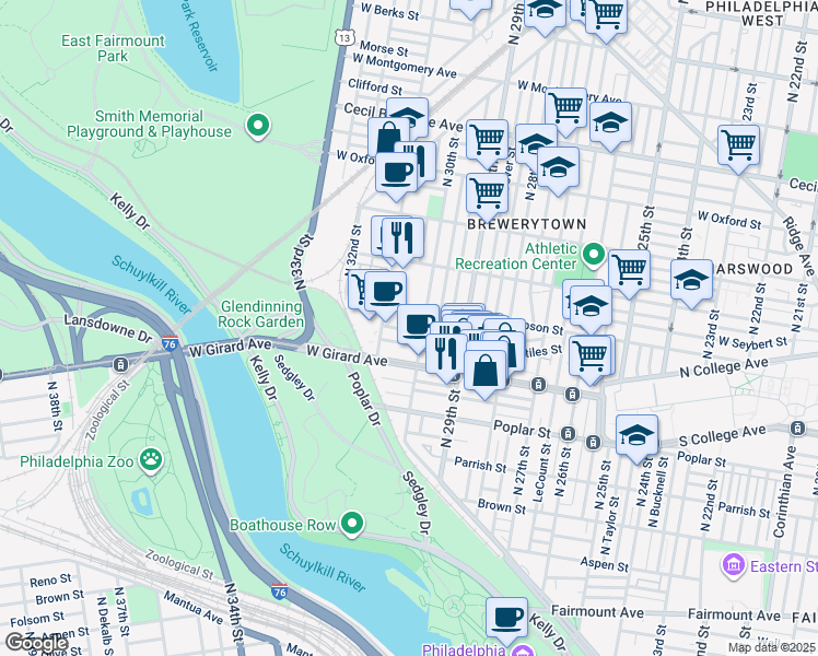 map of restaurants, bars, coffee shops, grocery stores, and more near 3017 Baltz Street in Philadelphia