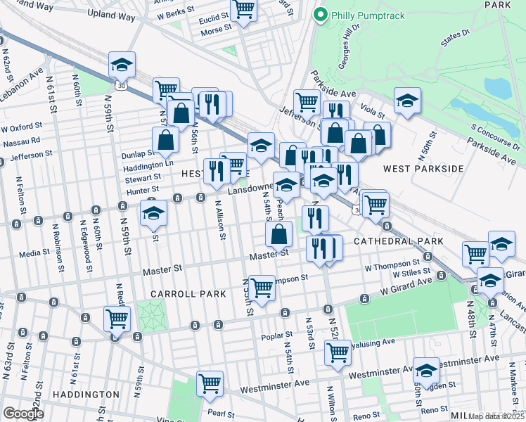 map of restaurants, bars, coffee shops, grocery stores, and more near 1508 North 54th Street in Philadelphia