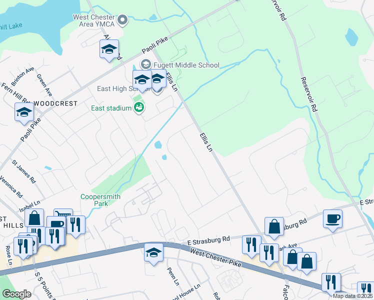 map of restaurants, bars, coffee shops, grocery stores, and more near 330 Staghorn Way in West Chester