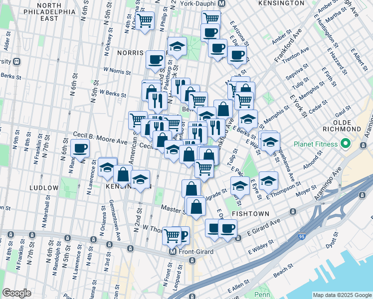 map of restaurants, bars, coffee shops, grocery stores, and more near 1719 North Howard Street in Philadelphia