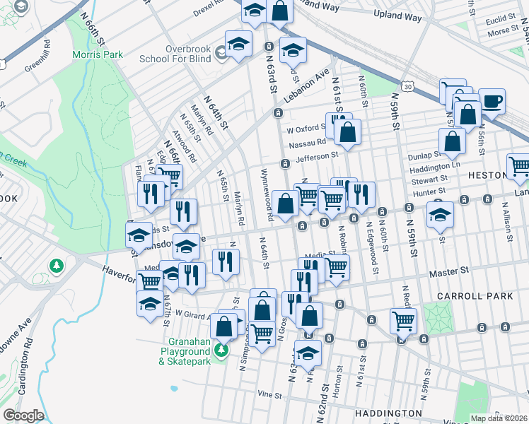 map of restaurants, bars, coffee shops, grocery stores, and more near 836 Wynnewood Road in Philadelphia