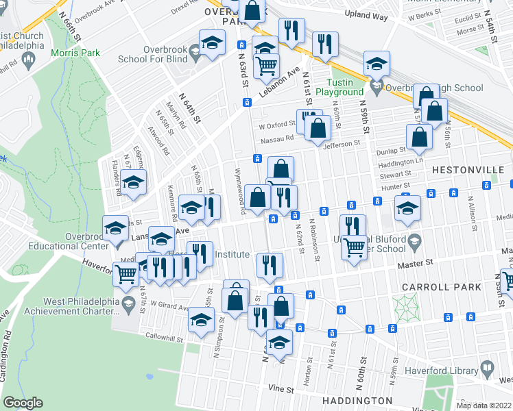 map of restaurants, bars, coffee shops, grocery stores, and more near 810 North 63rd Street in Philadelphia