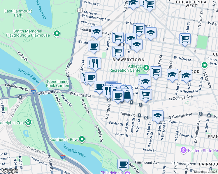 map of restaurants, bars, coffee shops, grocery stores, and more near 1249 North Hollywood Street in Philadelphia
