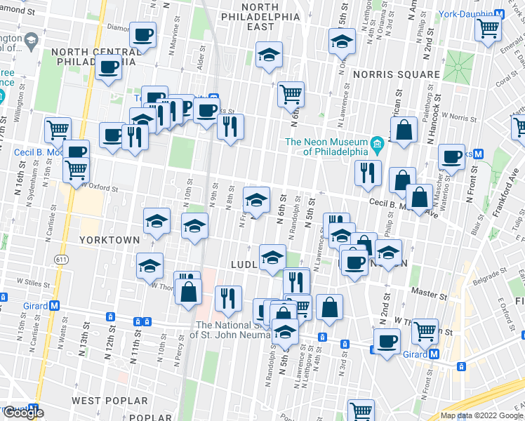 map of restaurants, bars, coffee shops, grocery stores, and more near 631 West Oxford Street in Philadelphia