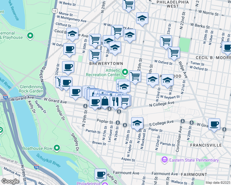map of restaurants, bars, coffee shops, grocery stores, and more near 1300 North Taney Street in Philadelphia