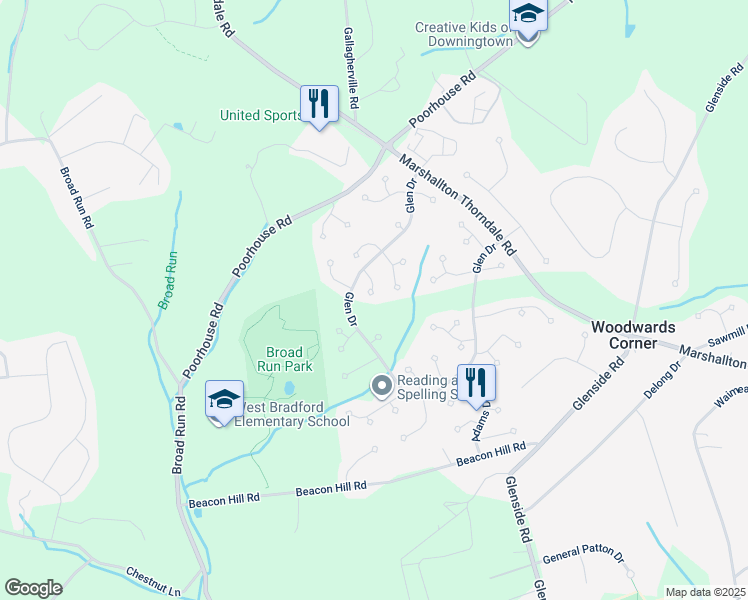 map of restaurants, bars, coffee shops, grocery stores, and more near 1612 Loretta Lane in Downingtown