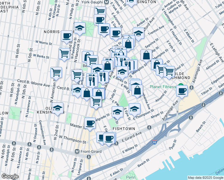 map of restaurants, bars, coffee shops, grocery stores, and more near 1533 East Montgomery Avenue in Philadelphia