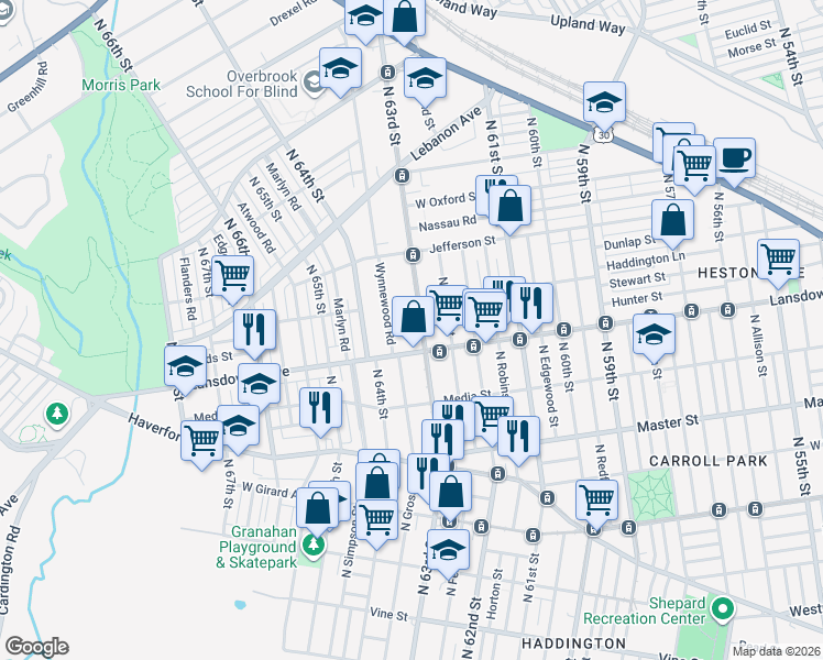 map of restaurants, bars, coffee shops, grocery stores, and more near 818 North 63rd Street in Philadelphia