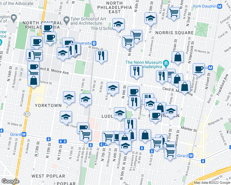 map of restaurants, bars, coffee shops, grocery stores, and more near 631 West Oxford Street in Philadelphia