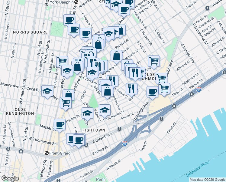 map of restaurants, bars, coffee shops, grocery stores, and more near 1501 East Susquehanna Avenue in Philadelphia