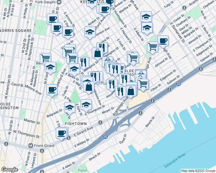 map of restaurants, bars, coffee shops, grocery stores, and more near 2520 East Dauphin Street in Philadelphia