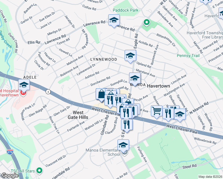 map of restaurants, bars, coffee shops, grocery stores, and more near 1413 Sunnyhill Lane in Havertown