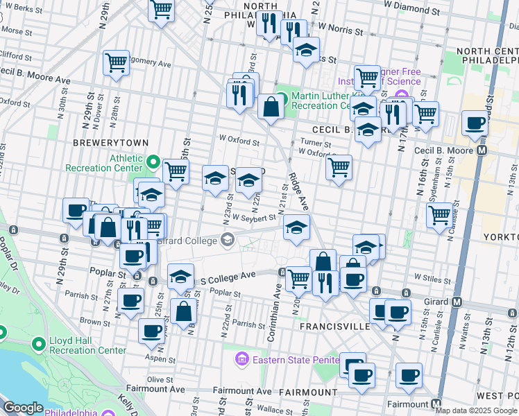 map of restaurants, bars, coffee shops, grocery stores, and more near 2142 Master Street in Philadelphia