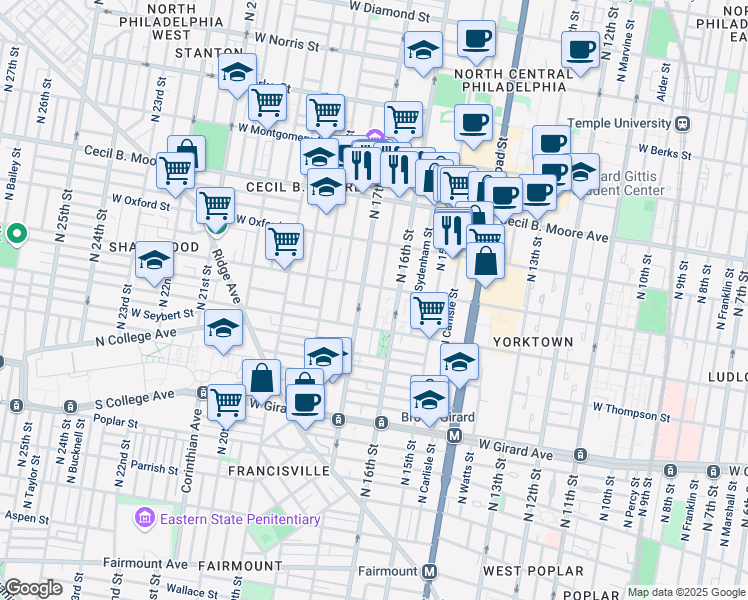 map of restaurants, bars, coffee shops, grocery stores, and more near 1430 Willington Street in Philadelphia