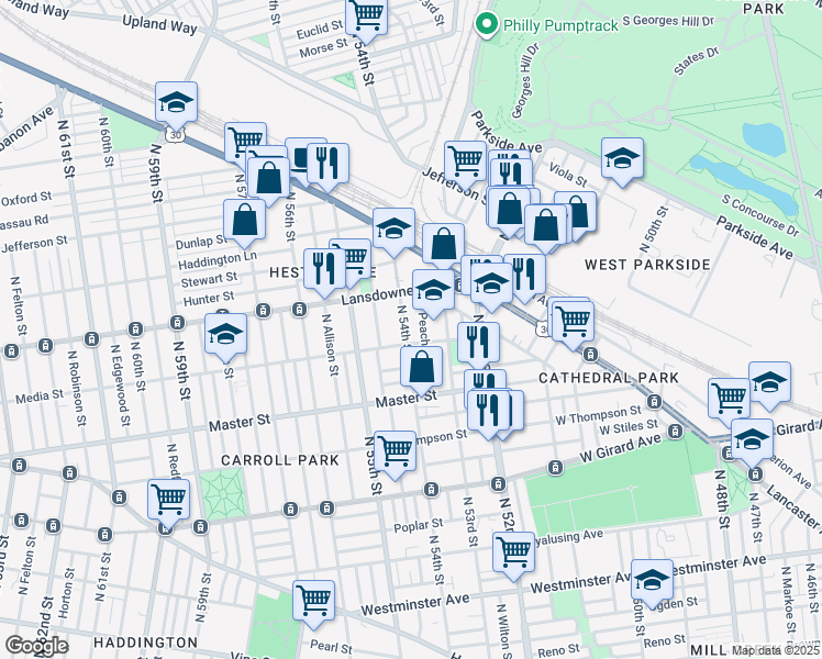 map of restaurants, bars, coffee shops, grocery stores, and more near 1529 North 54th Street in Philadelphia