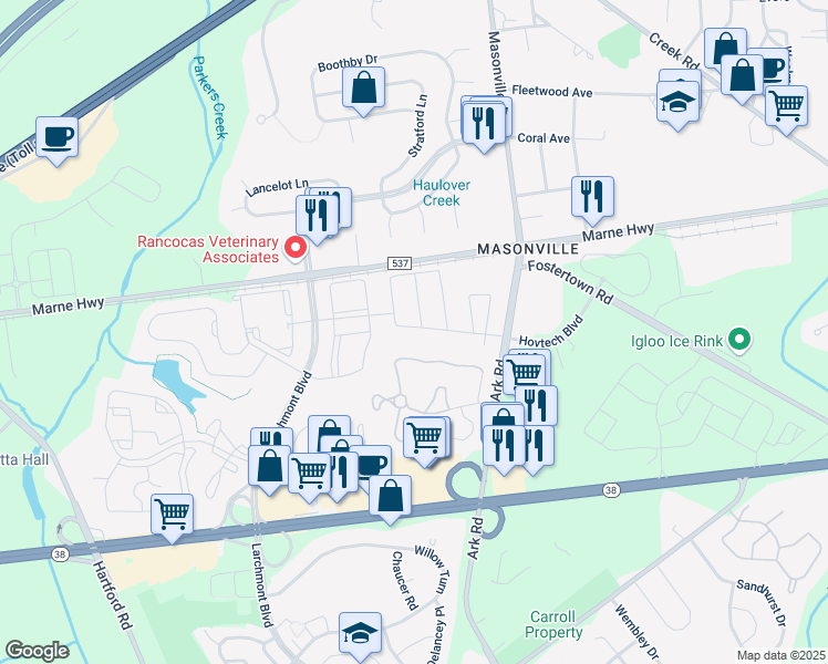 map of restaurants, bars, coffee shops, grocery stores, and more near 5003 Essex Lane in Mount Laurel Township