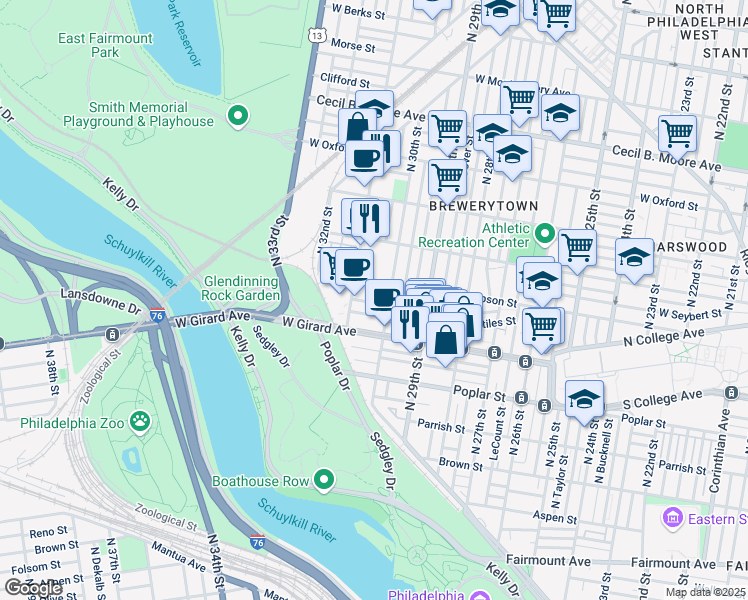 map of restaurants, bars, coffee shops, grocery stores, and more near 3021 Baltz Street in Philadelphia